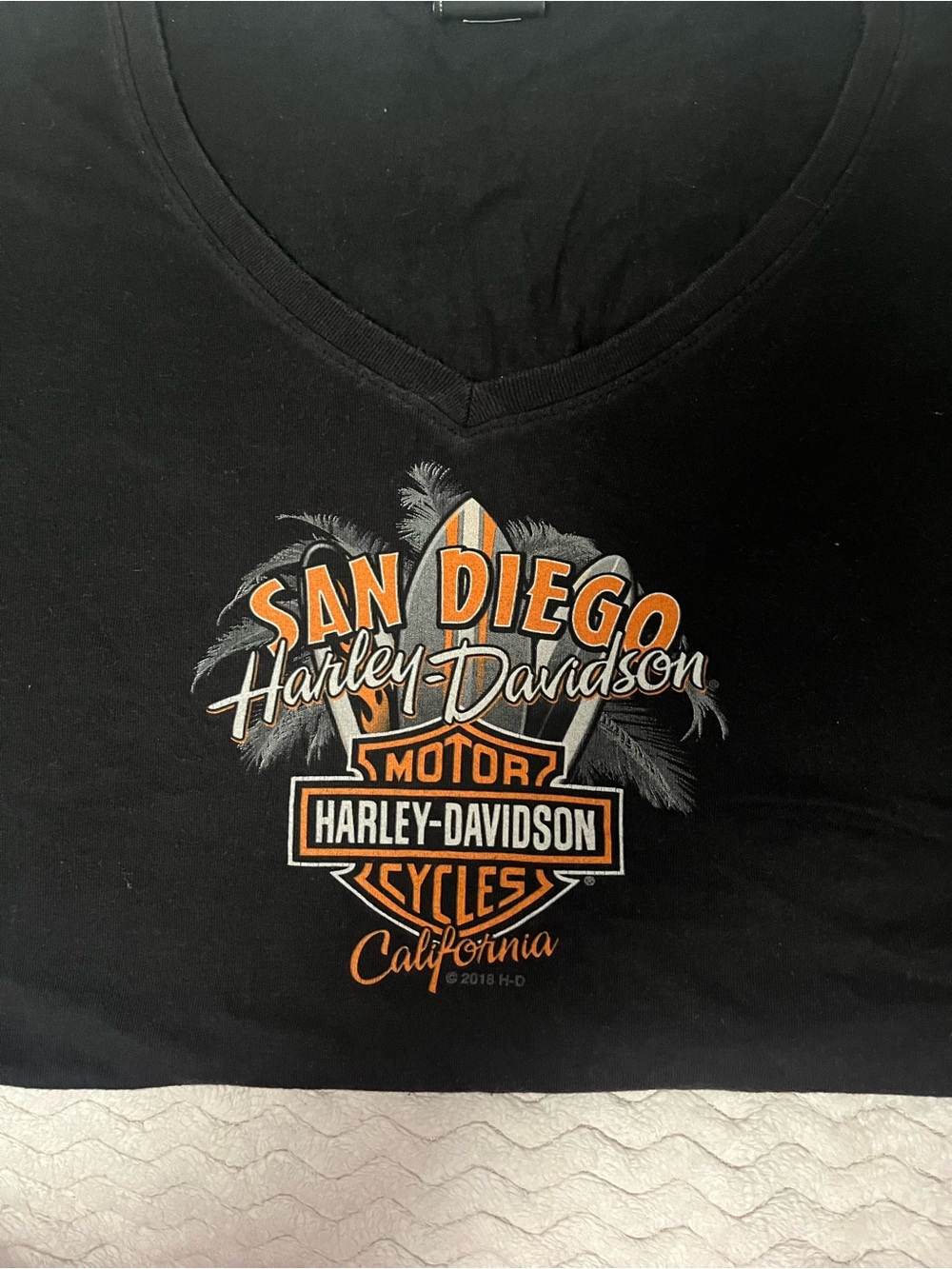 Harley-Davidson Black V-Neck T-Shirt with Orange & White San Diego Graphic
